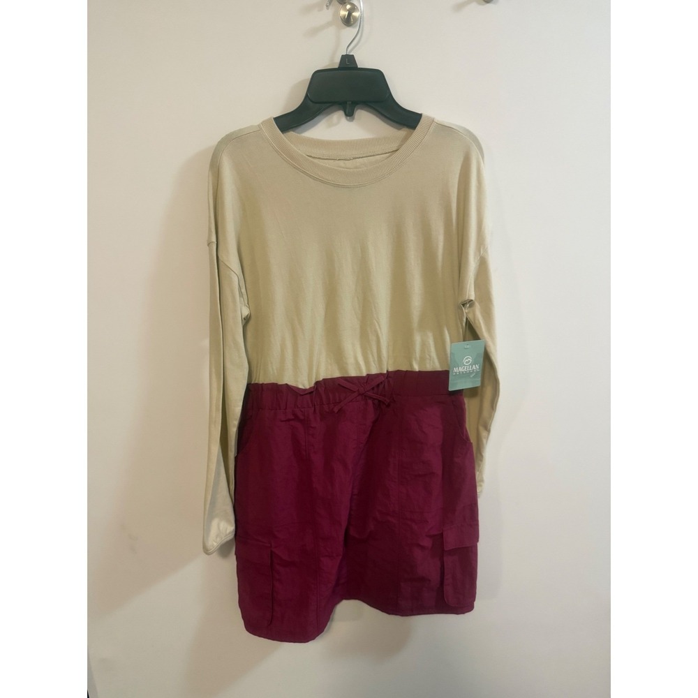 Magellan Outdoors Girls Long Sleeve Dress Tan Burgundy Kids Large 12-14 NWT